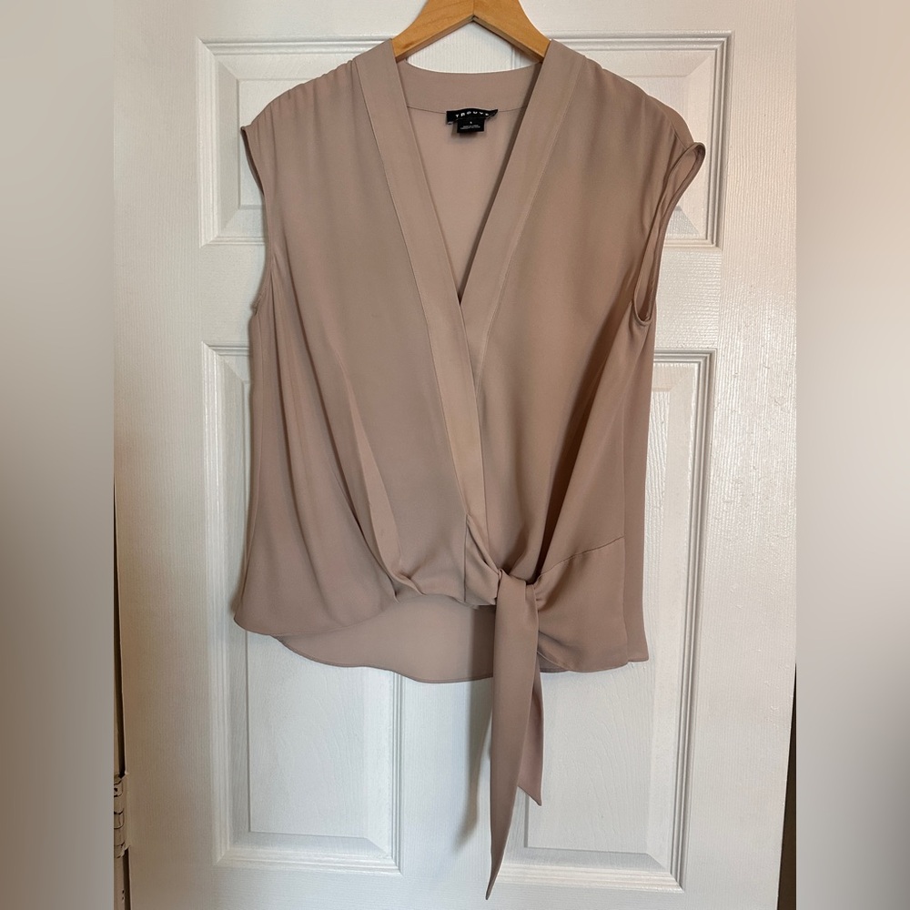 Taupe Sleeveless V-Neck Blouse with Front Tie - Size Small